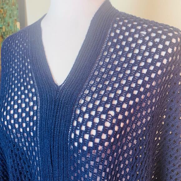 V-Neck Open Knit Kimono Sleeve Poncho Sweater Blue Pullover One Size - Picture 4 of 7